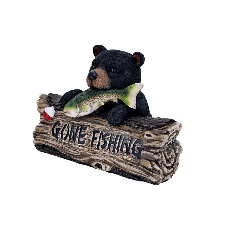 Bear with Gone Fishing Sign Outdoor Garden Statue - 12.25"