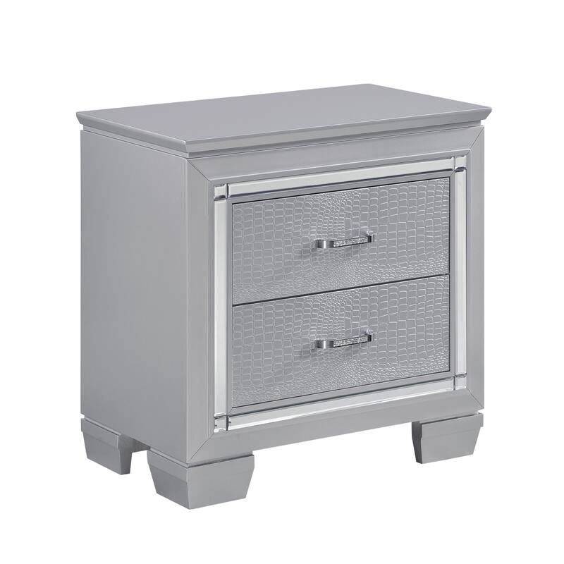 Glamorous Silver Nightstand, 2 Dovetail Drawers, Faux Alligator Embossed Front