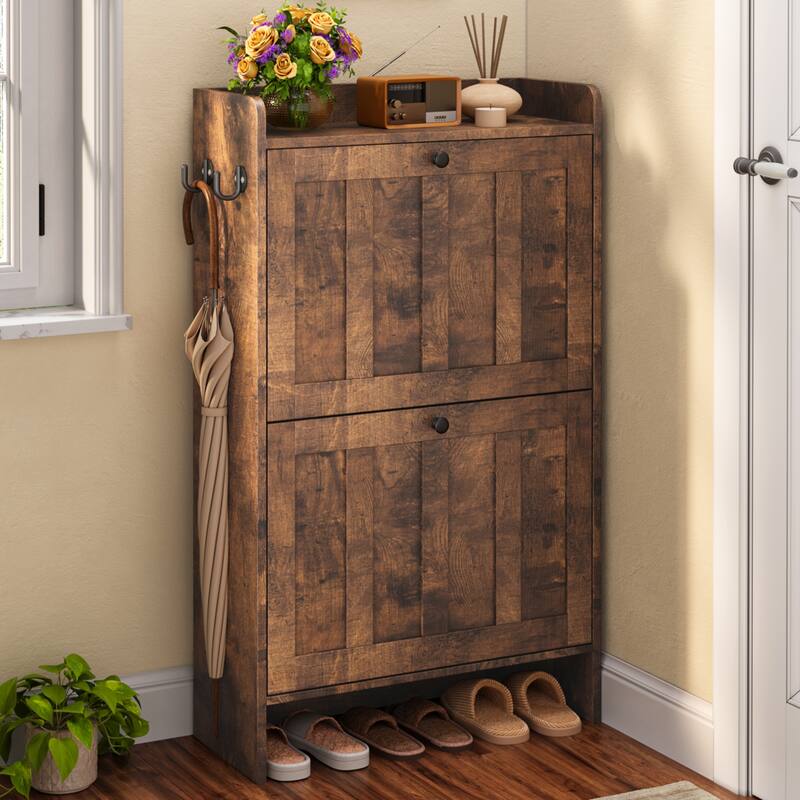 Shoe Cabinet with Flip Drawers, Slim Shoe Storage Cabinet for Entryway, Freestanding Narrow Rack with Open Storage