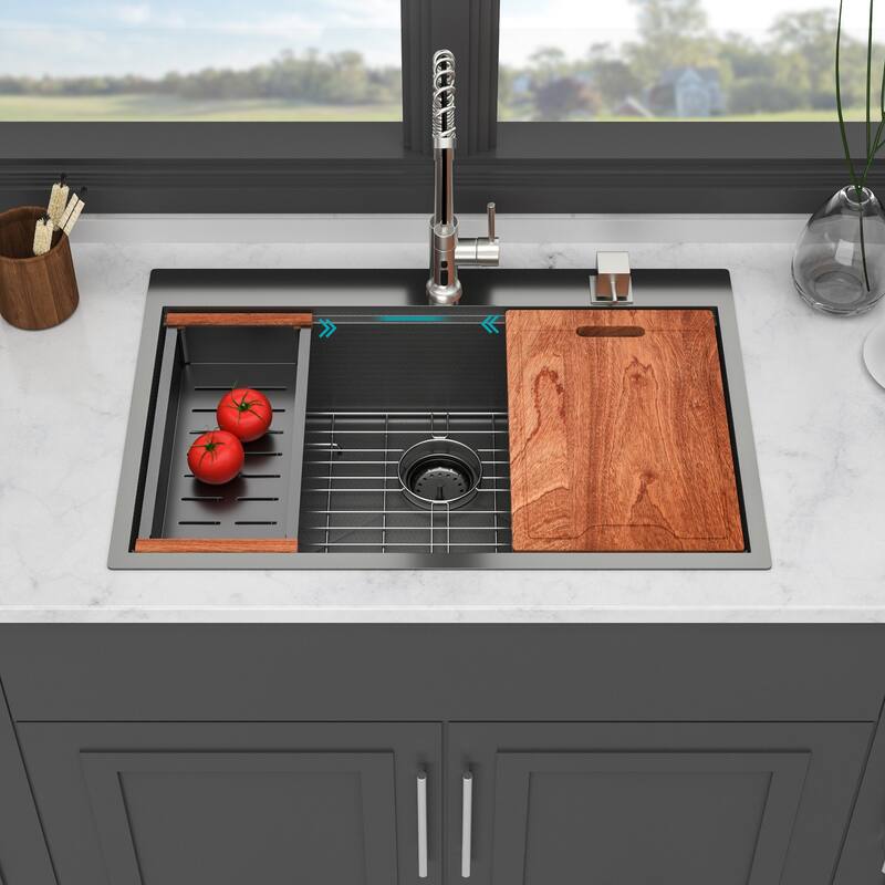 33" Drop-In 16 Gauge Single Bowl Stainless Steel Kitchen Sink - Gunmetal Black