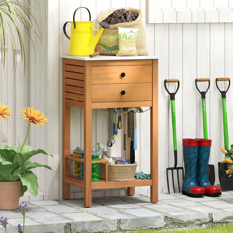 Natural Acacia Wood Resin Outdoor Buffet Cabinet with Faux Marble Top and Storage - 20" x 16" x 36"