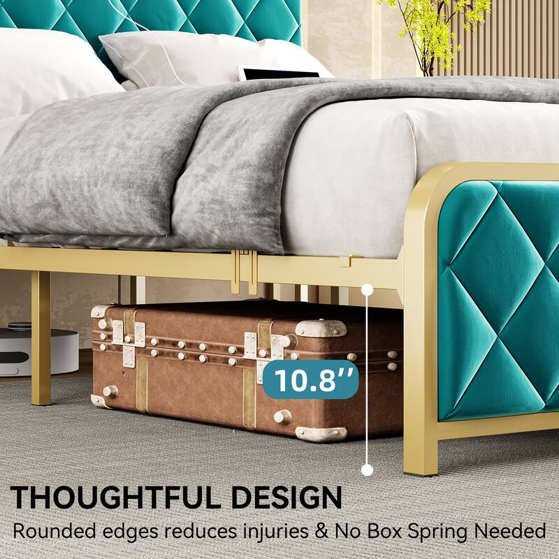 Velvet Upholstered Platform Bed with LED Light Headboard, USB Ports