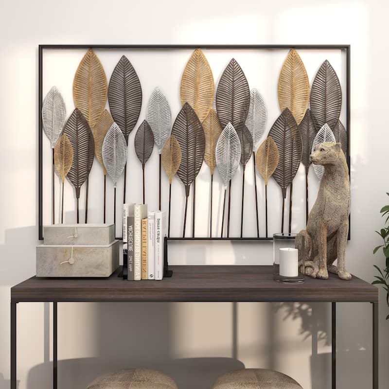 Metal Leaf Tall Cut-Out Home Wall Decor with Intricate Laser Cut Designs - Gray or Bronze - Roche River Decor