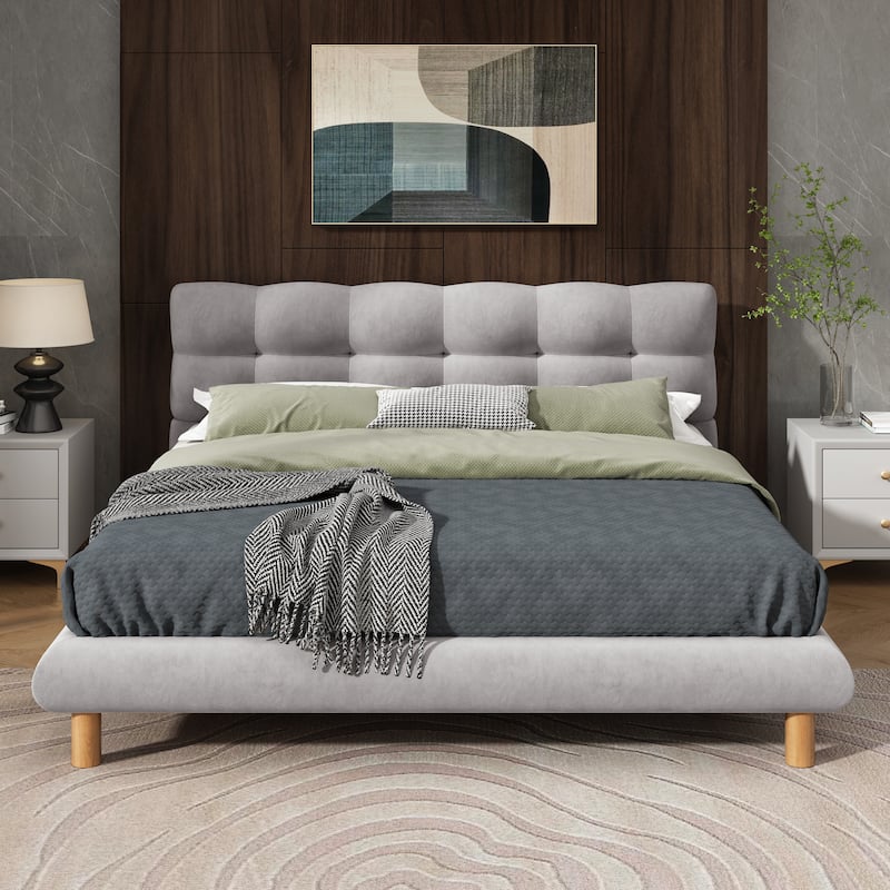 Full Size Upholstered Platform Bed with Cookie-Shaped Headboard, Easy Assembly, Grey