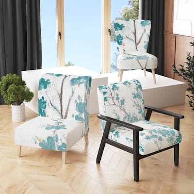Designart "Teal Cherry Blossoms II" Upholstered Traditional Accent Chair - Arm Chair