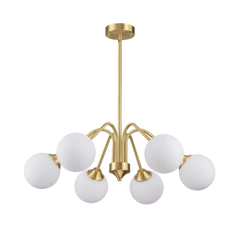 Mid-century Brass Opaline Glass Globe Radial Chandelier