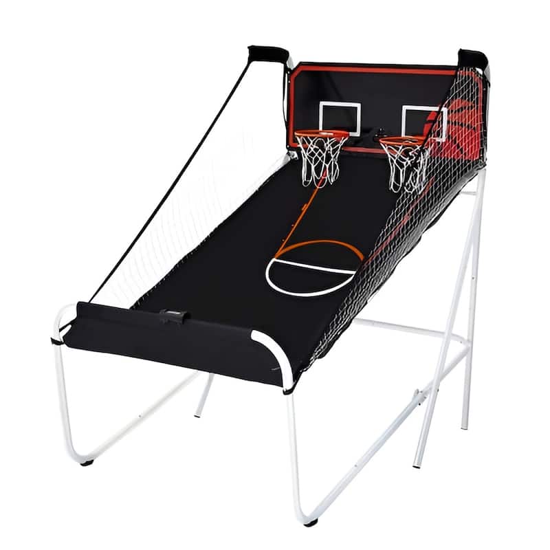 Black-White Steel Dual Hoop Basketball Arcade Game with 8 Games Modes and Foldable Frame - 80” L x 54” W x 81” H - White/Black
