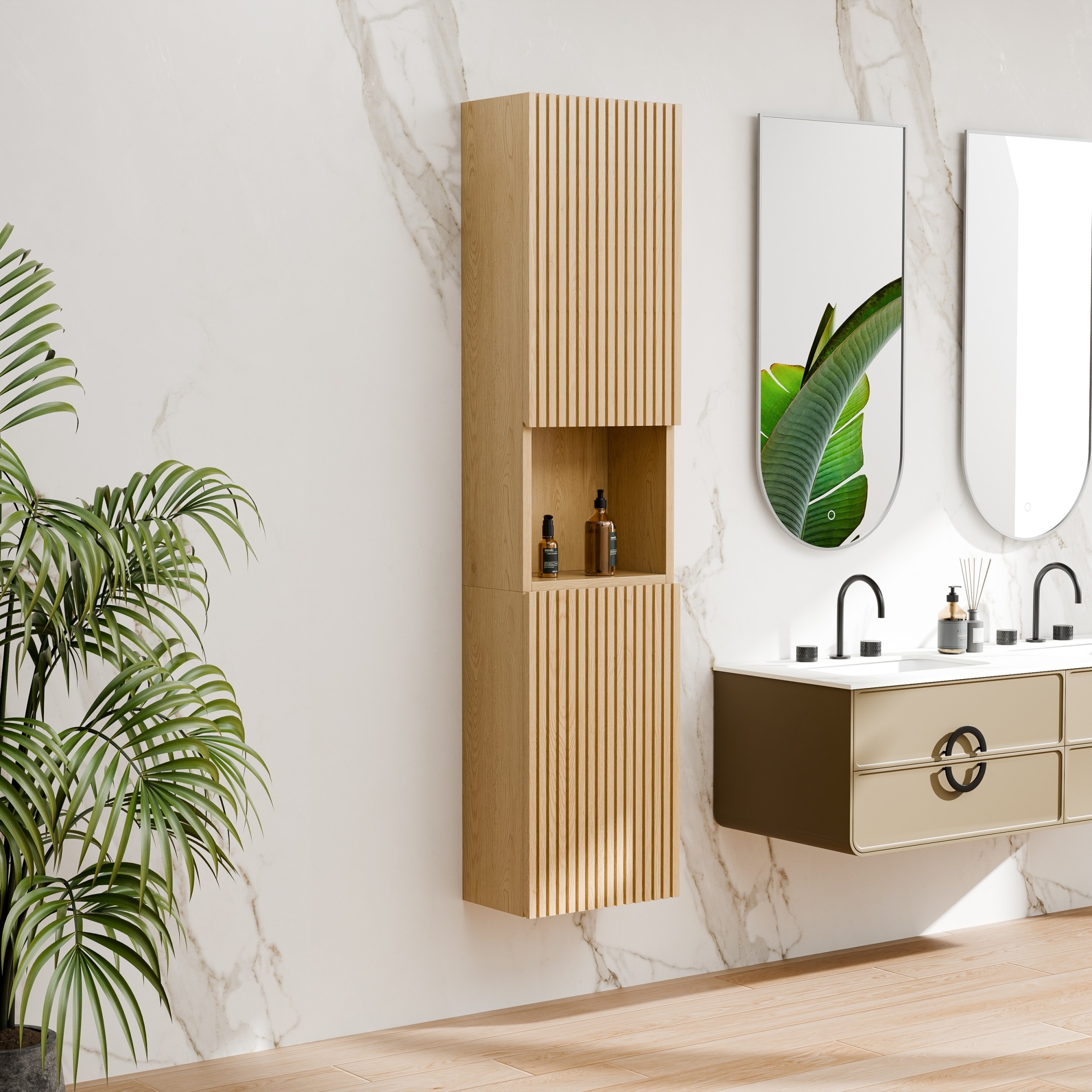 14"W x 59''H Wall Mounted Bathroom Cabinet - Narrow Waterproof Plywood, Corolla Oak for Over Toilet Storage