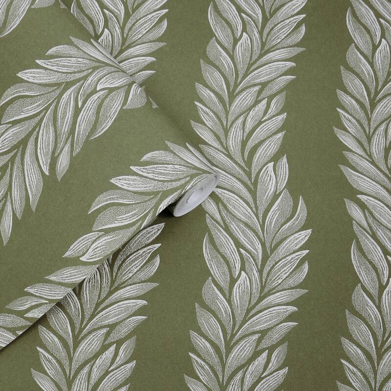 Laura Ashley Coulderton Leaves Olive Green Wallpaper