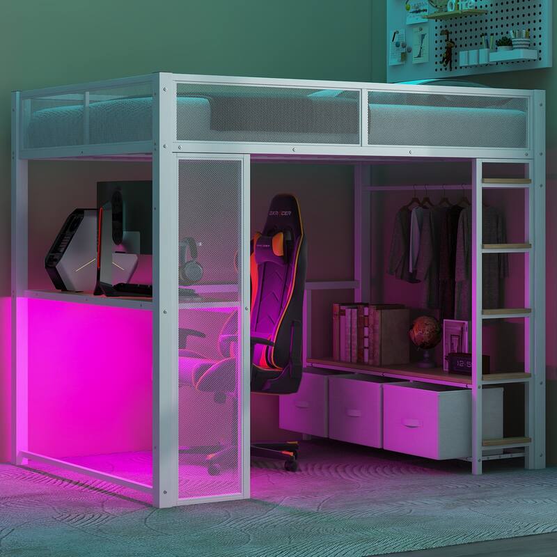 Full Size Metal Loft Bed with LED, Desk, Wardrobe, and Storage Drawers, White