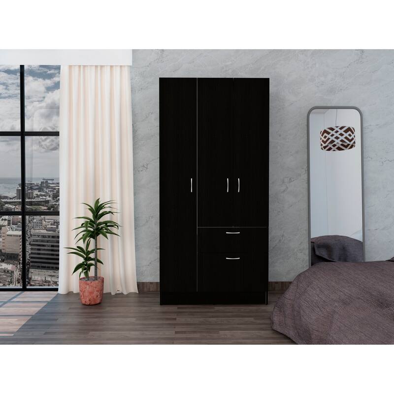 18.5" Modern Double-door Armoire with Metal Rod, One Drawer and Five Shelves - Black