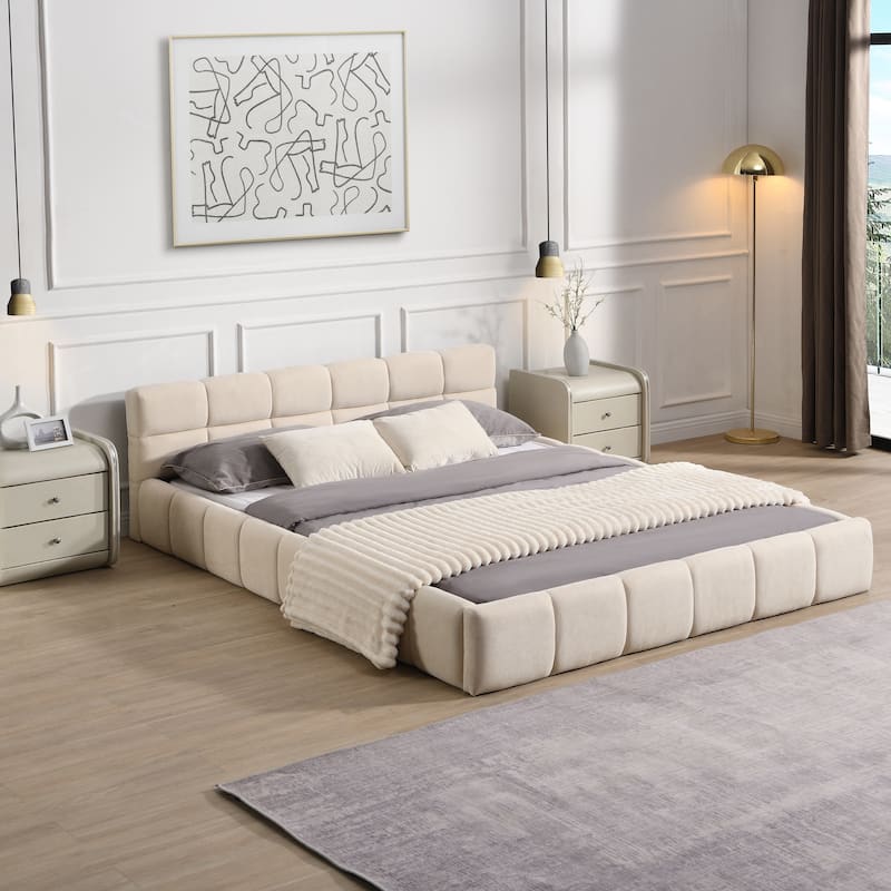 Block Grounded Bed, Beige Chenille Platform Bed Frame Fully Upholstered Modern Bedroom/Apartment Floor Bed Low Profile Bed