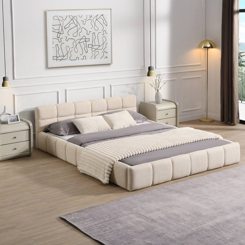 Chenille Upholstered Platform Bed Frame Modern Low Profile Bed with Checkerboard Pattern Headboard No Box Spring Needed - Beige - Beige - Queen