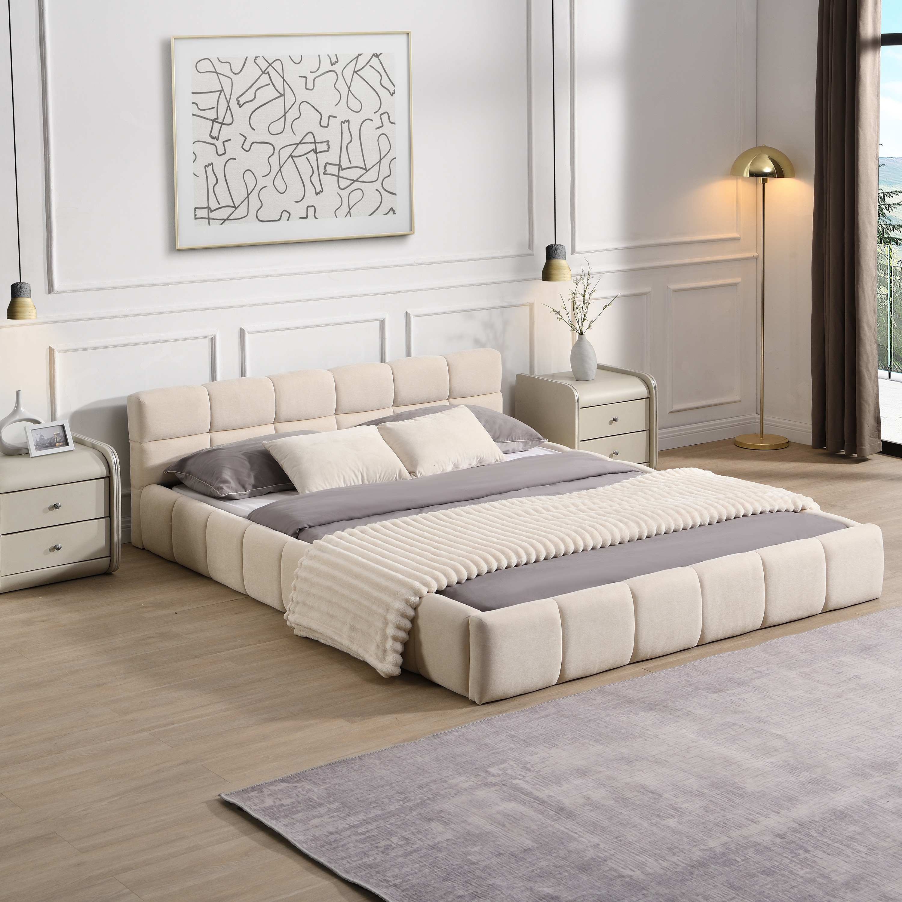 Chenille Upholstered Platform Bed Frame Modern Low Profile Bed with Checkerboard Pattern Headboard No Box Spring Needed - Beige