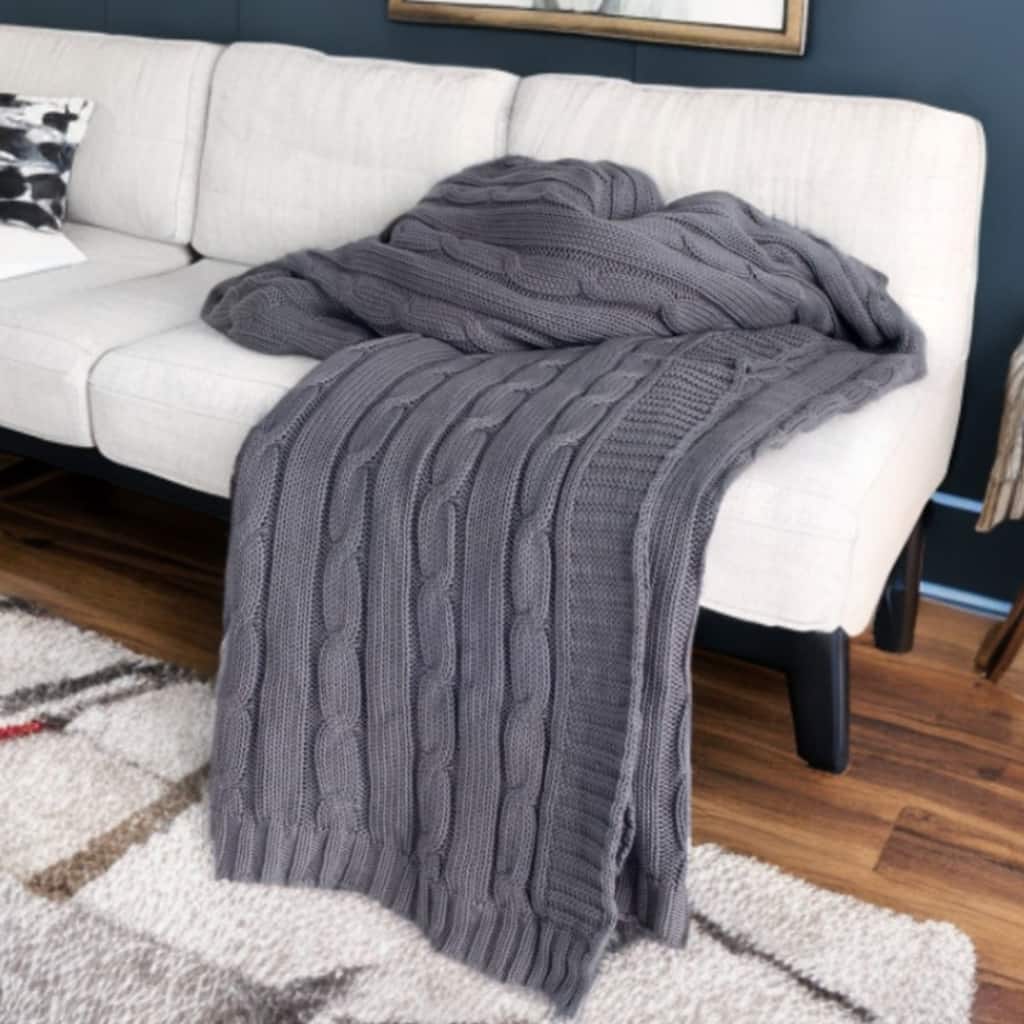 HomeRoots Light Gray Knitted 100% Cotton Throw Blanket