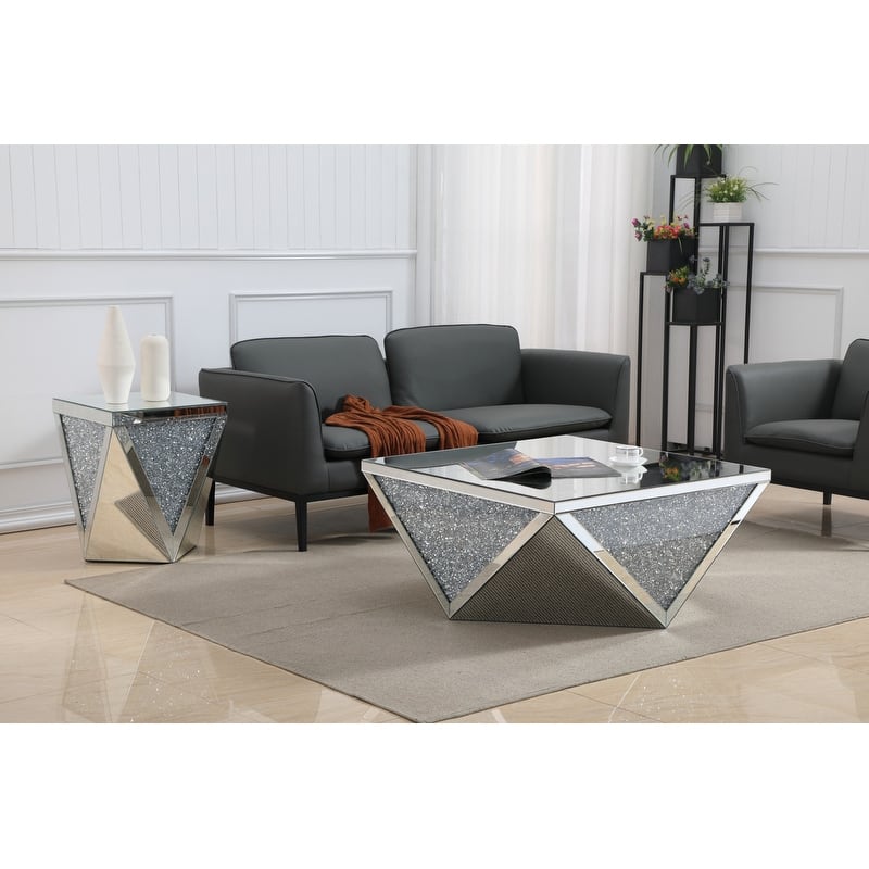 38 Inch Mirrored Square Crystal Coffee Table