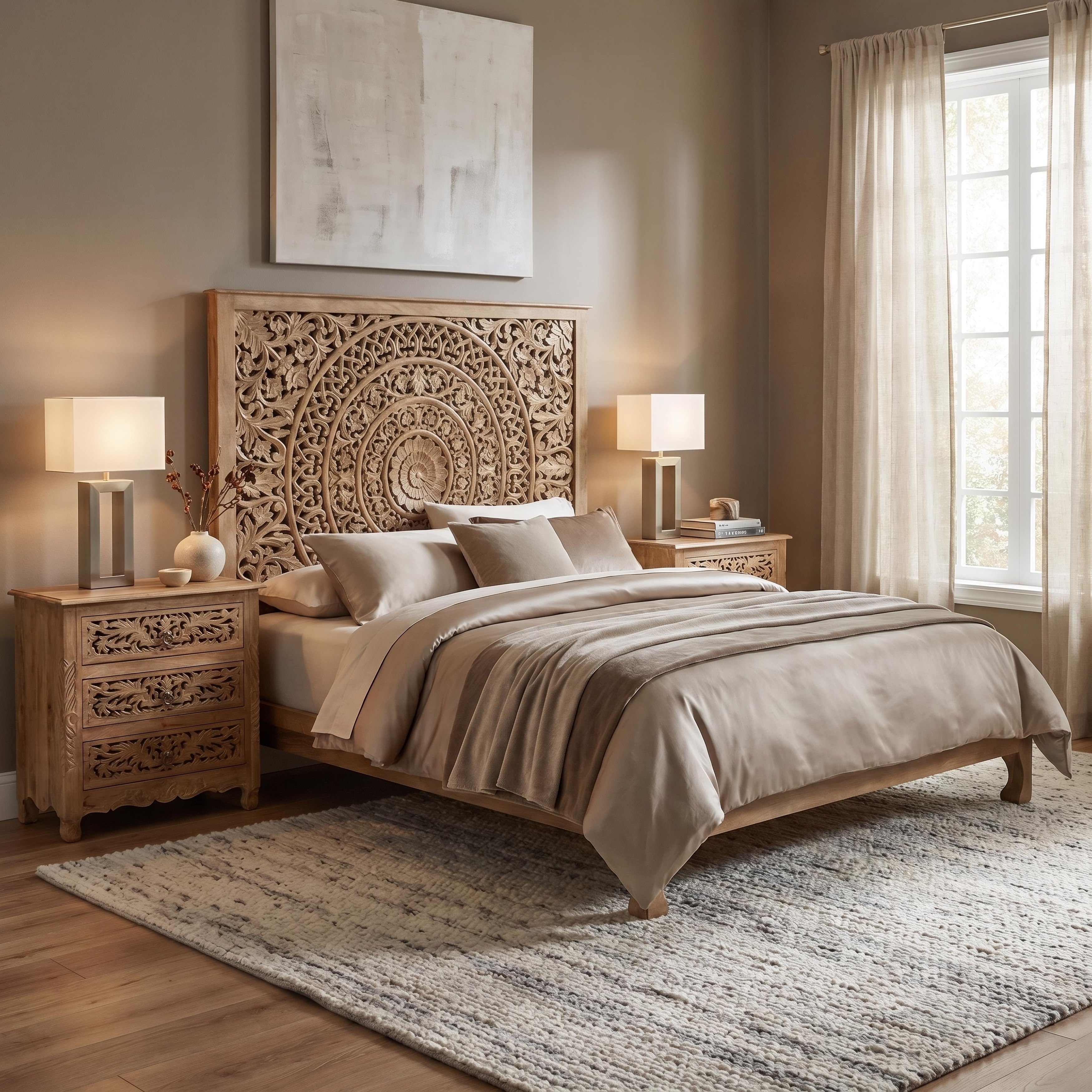 Providence Floral Carved Solid Wood Queen Panel Bed