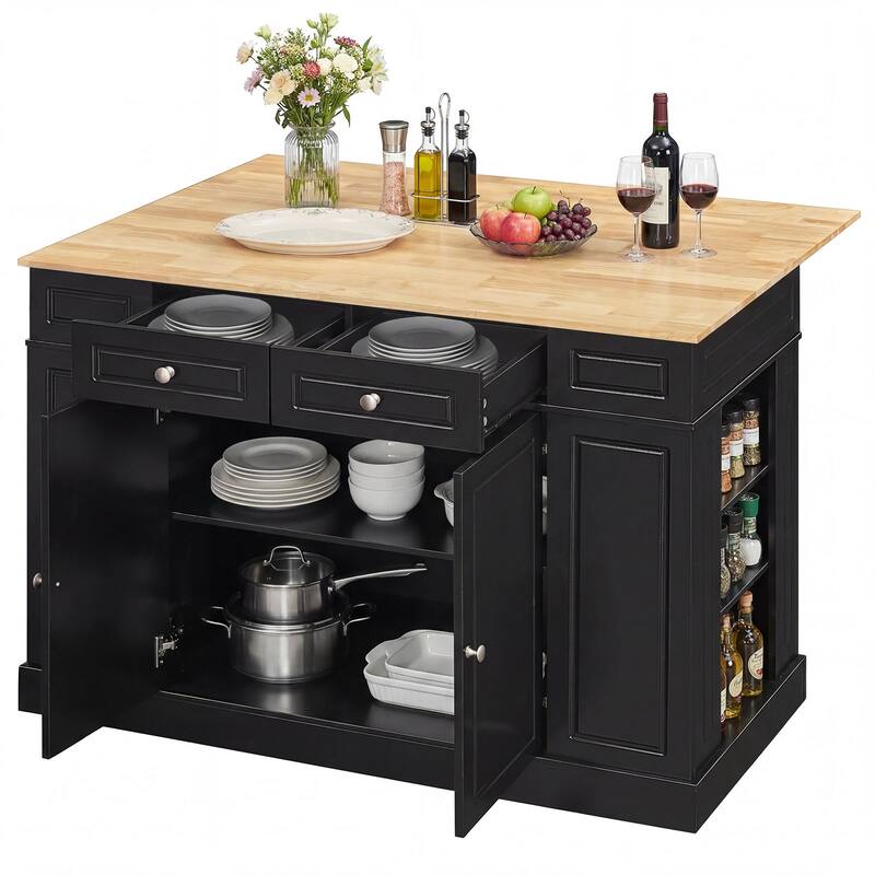 Gymax Large Kitchen Island Drop Leaf Breakfast Bar w/ Wood Top Shelves - Black