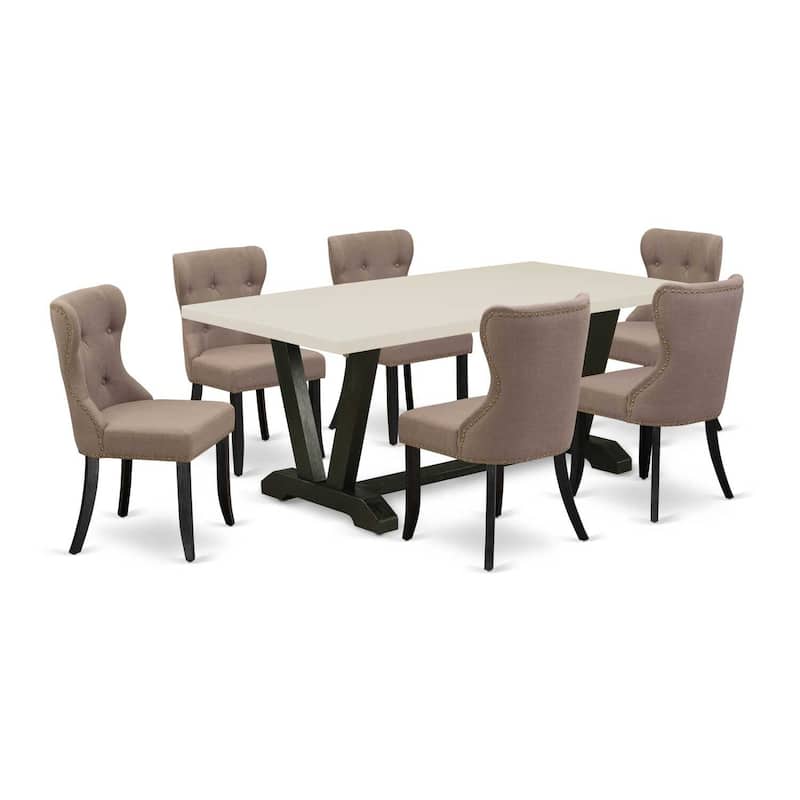 Neo-Classical Dining Set - 7 Piece Wood Table & Upholstered Chairs