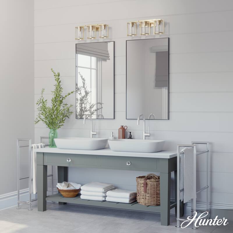 Hunter Astwood Bathroom Vanity Light, Clear Cylinder Glass, Damp Rated, Caged - Contemporary, Transitional, Art-Deco