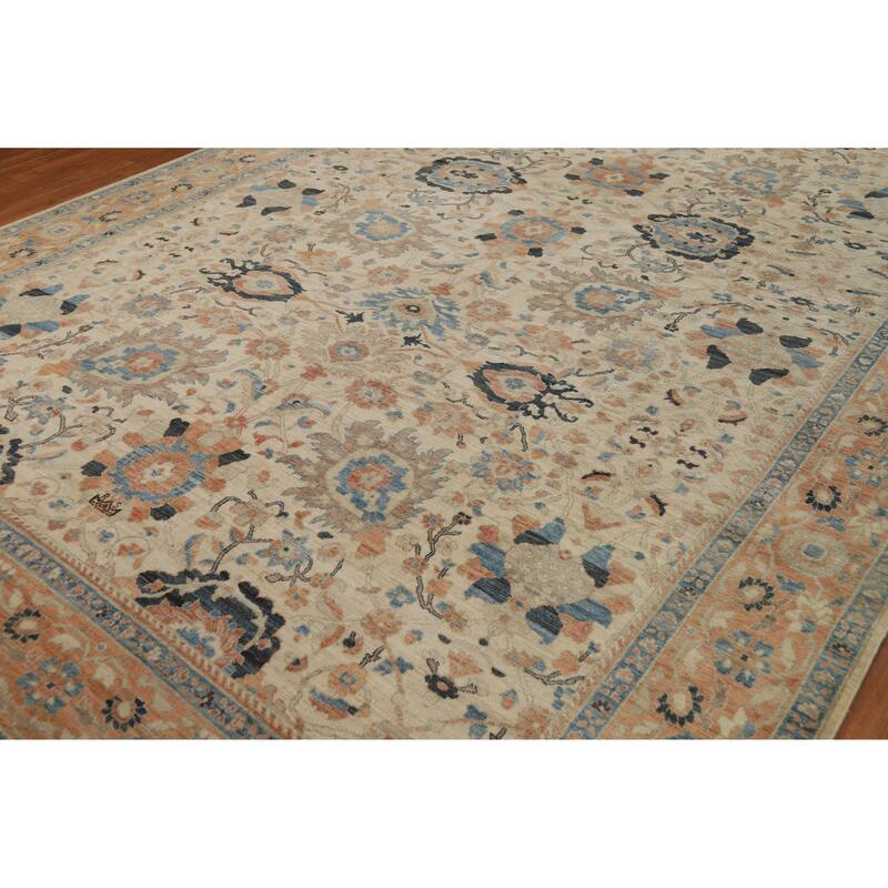 Hand Knotted Oriental 100% Wool Carpet Transitional All-Over Beige & Ivories Oushak Area Rug - 11' 10'' X 9' 0''