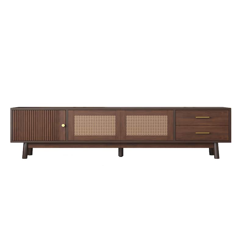 Mid Century Modern Solid Wood TV Stand for 80" TVs,TV Console with Sliding Doors and Drawers