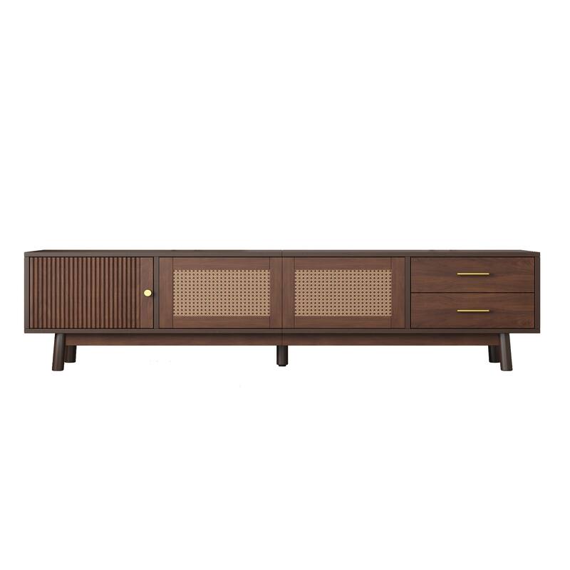 Mid Century Modern TV Stand for 80" TVs, Entertainment Center with Sliding Doors and Drawers, TV Table with Storage