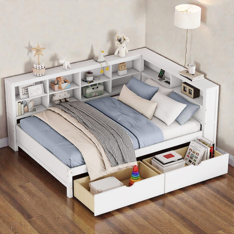 Full Size Wooden Daybed with 2 Storage Drawers, USB Charging Ports, Double-Layer Shelf, Sturdy Slatted Support - White - Full