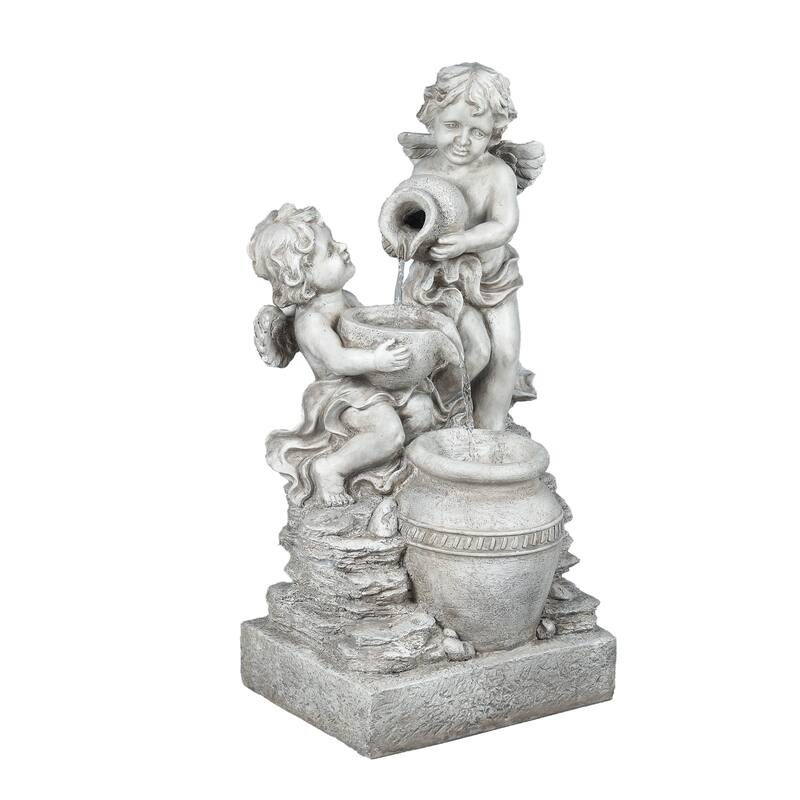 Grey Resin Cherub Angel Outdoor Fountain with LED Light