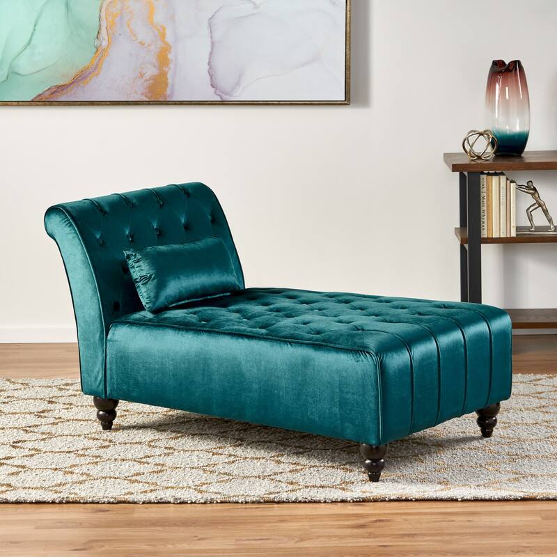 Roomfitters Tufted Velvet Chaise Lounge with Bolster Pillow, Elegant Relaxing Accent Seating - Teal