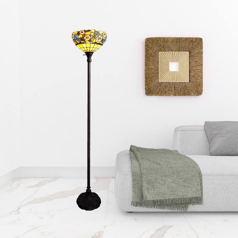 Green Glass Tiffany Floor Lamp with Brown Metal Base and Rotary Socket Switch - 14” x 14” x 70” (D x W x H)