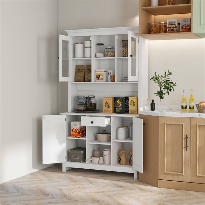 Matte White Buffet Cabinet with Glass Doors and Adjustable Open Shelves for Kitchen or Living Room