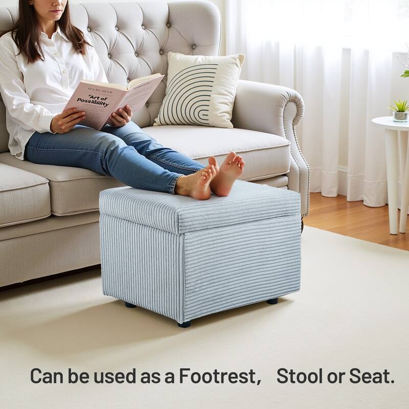 25 in.W Corduroy Upholstered Flip Top Storage Ottoman Footstool w/ Hide Hidden Storage & Solid Wood Legs