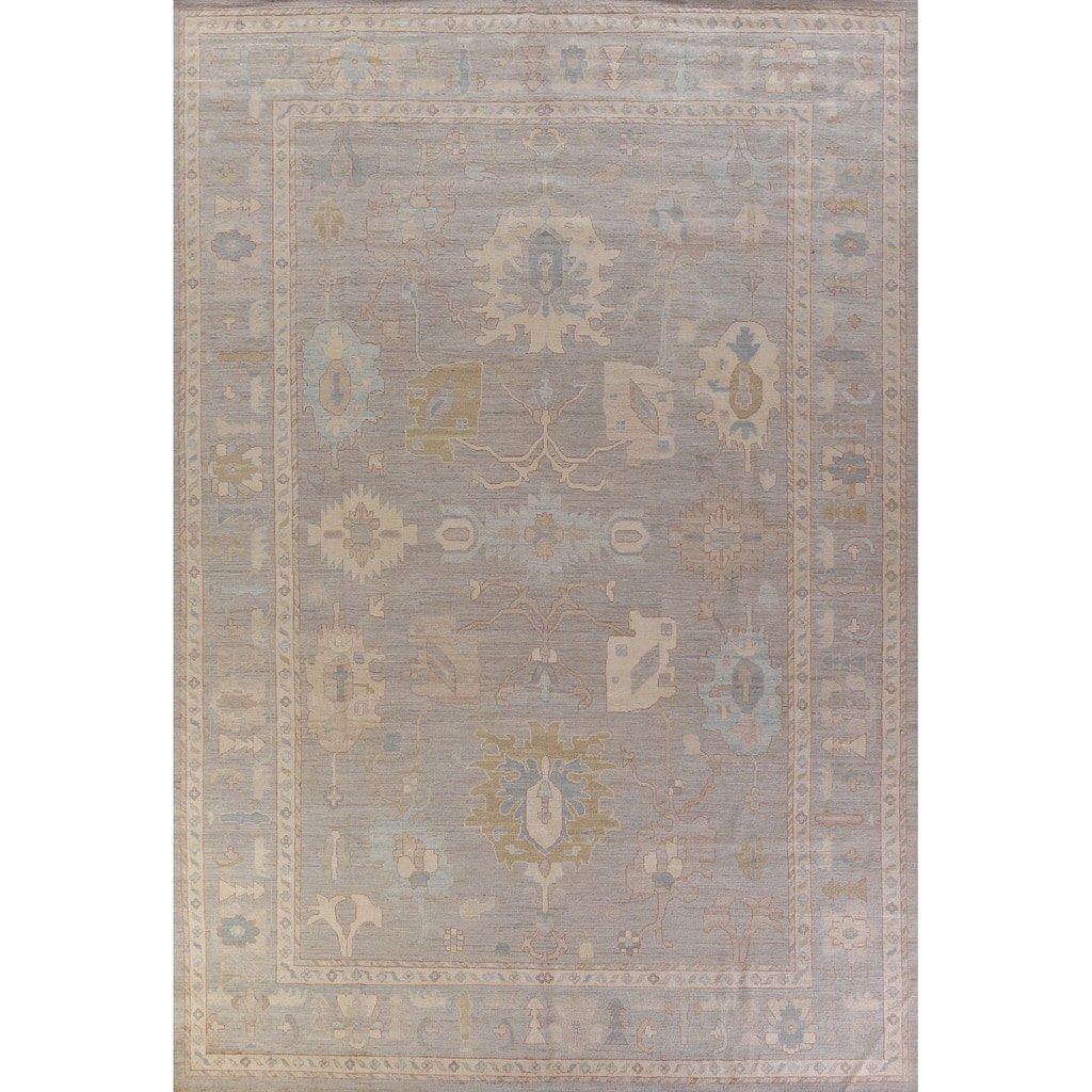 Hand Knotted Oriental 100% Wool Carpet Transitional All-Over Greys & Charcoal Oushak Area Rug - 14' 0'' X 10' 2''