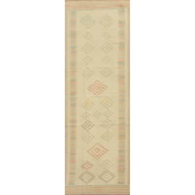 Hand Woven Oriental 100% Wool Carpet Southwestern Tribal Beige & Ivories Kilim Runner Rug - 9' 9'' X 2' 7''