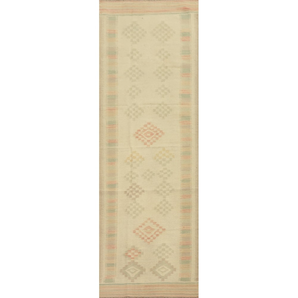 Hand Woven Oriental 100% Wool Carpet Southwestern Tribal Beige & Ivories Kilim Runner Rug - 9' 9'' X 2' 7''