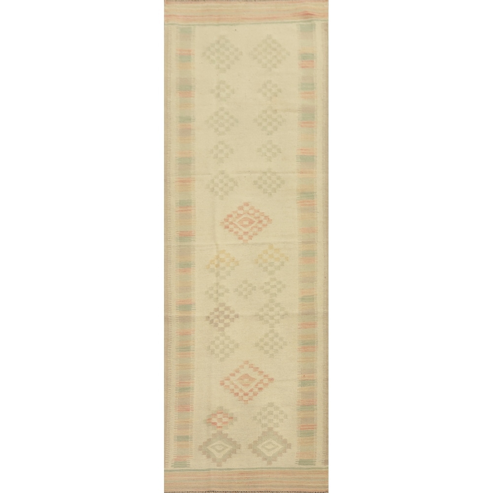 Hand Woven Oriental 100% Wool Carpet Southwestern Tribal Beige & Ivories Kilim Runner Rug - 9' 9'' X 2' 7''