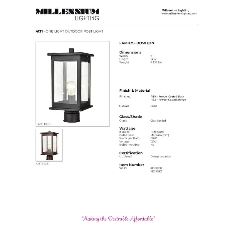 Millennium Lighting Bowton 1 Light Outdoor Post Lantern