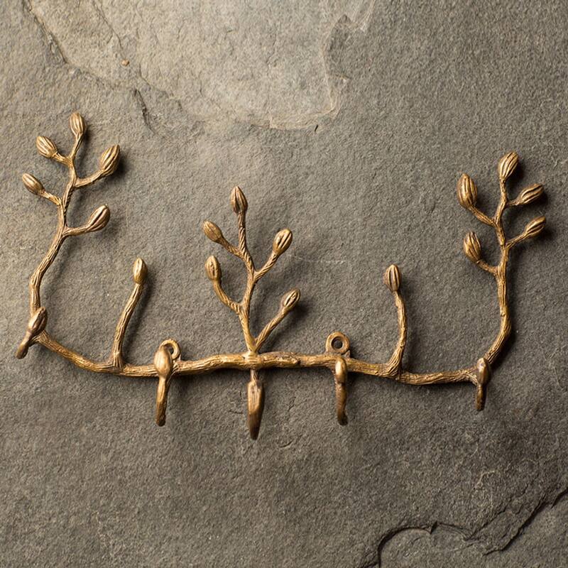 Antique Brass Key Hook with Twig Motif Wall Mounted Decorative Organizer for Keys - 9.5" (W) x 5.75" (H)