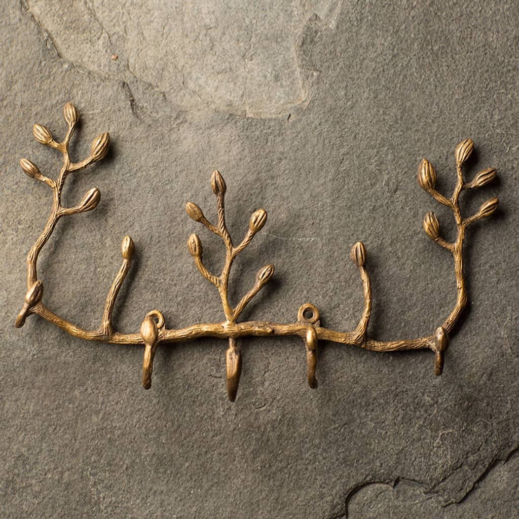 Antique Brass Key Hook with Twig Motif Wall Mounted Decorative Organizer for Keys - 9.5" (W) x 5.75" (H)