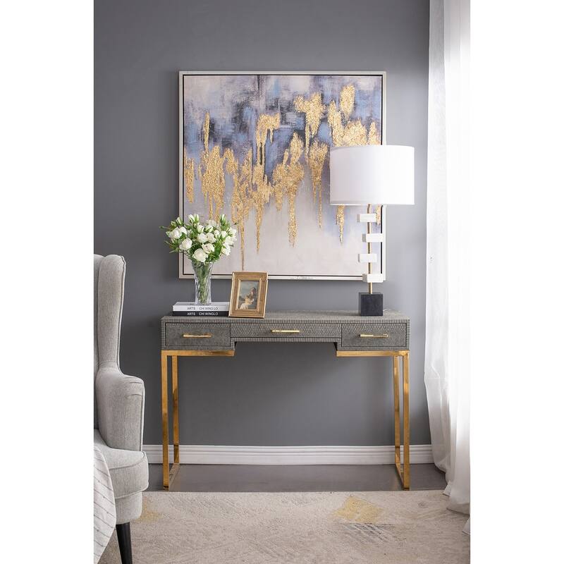 Marble Table Lamp with Brass Frame and White Fabric Shade Modern Vintage Style