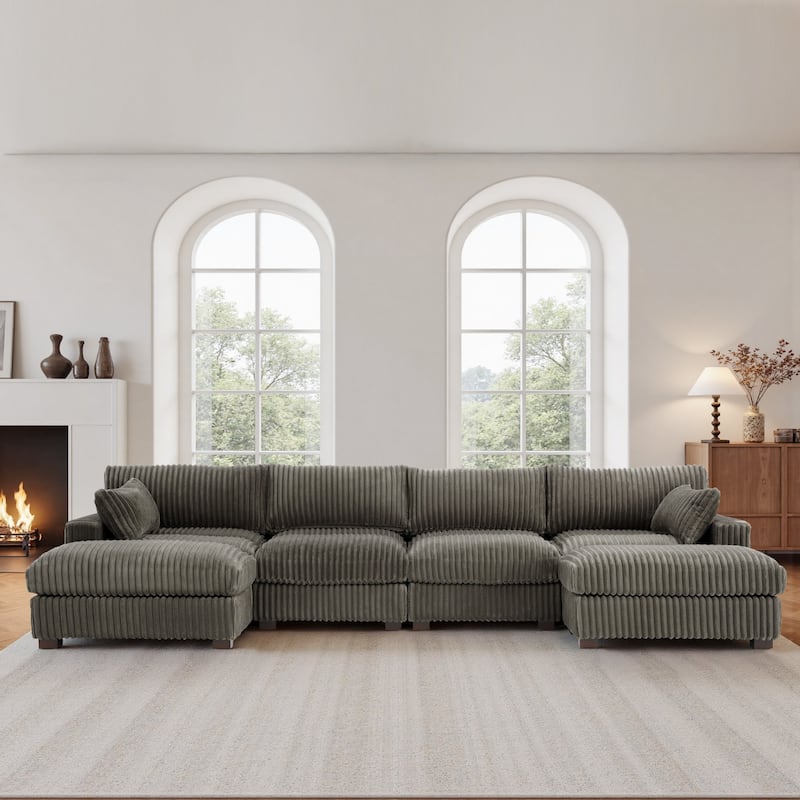 Modern Oversized Plush Corduroy Modular Sectional Sofa with 2 Ottomans