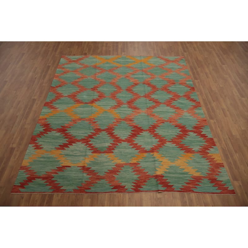 Hand Woven Oriental 100% Wool Carpet Southwestern Geometric Green Kilim Area Rug - 9' 11'' X 8' 4''