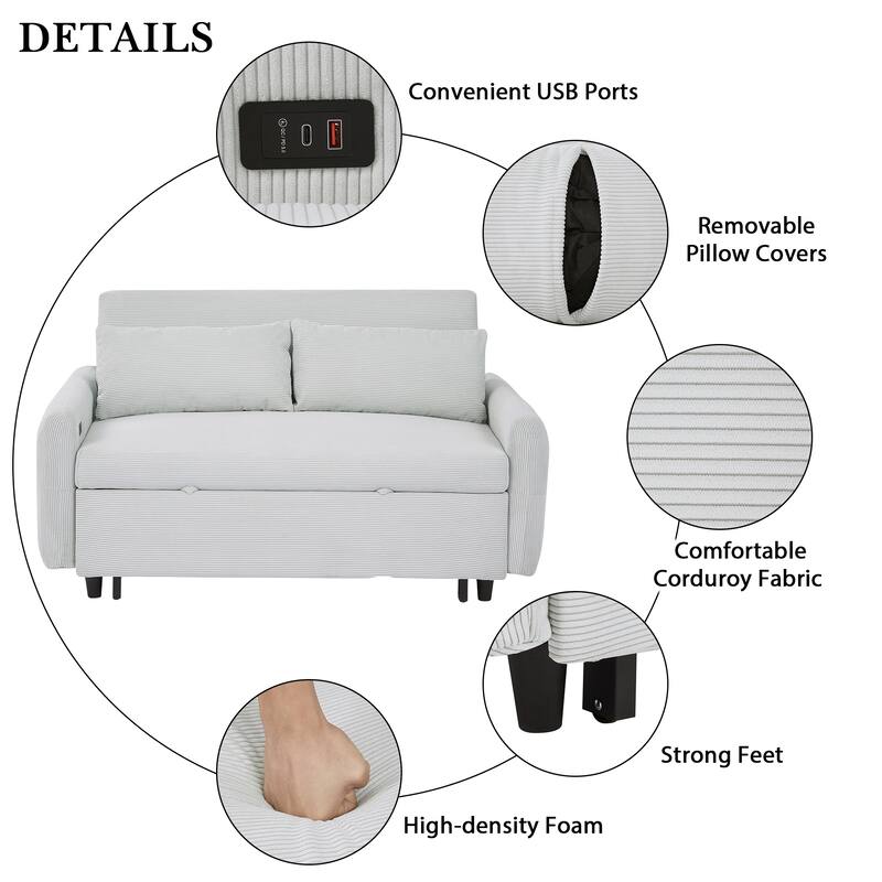57.48" Pull-Out Sofa Bed Convertible Couch 2 Seat Loveseat Sofa