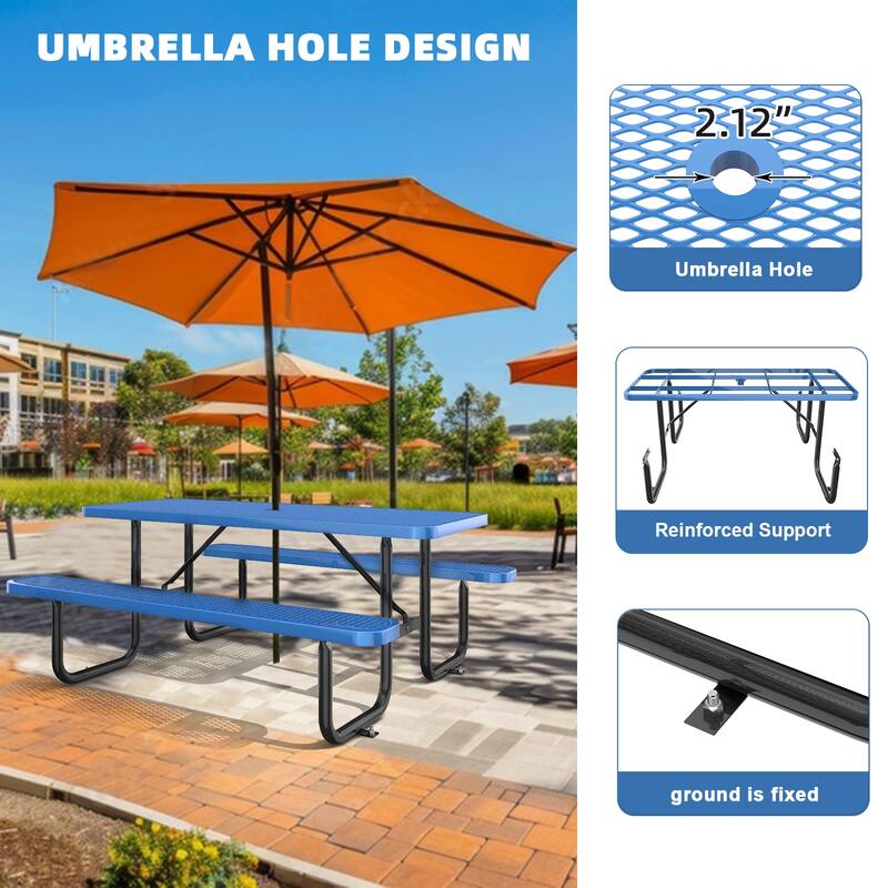 72" Expanded Metal Rectangular Picnic Table, Blue With Umbrella Hole - Blue