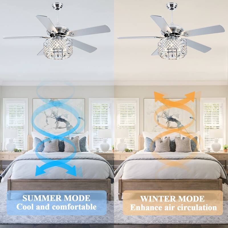 Cusp Barn 52 Inch Crystal Ceiling Fan, Chrome Reversible Chandelier, Modern Silent AC Motor Lighting Fixture for Dining Room