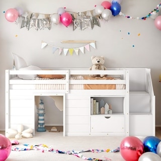 Multiple Functional Twin Size Low Loft Bed With Drawers And Large Storage Space