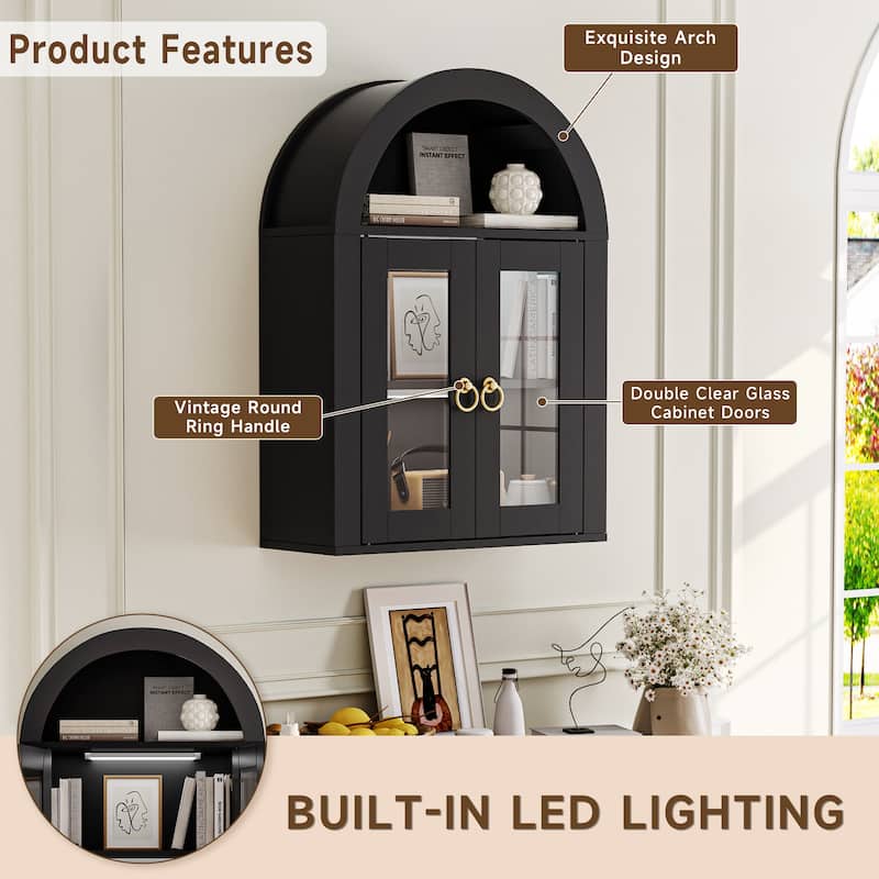 Wall Mounted Arched Cabinet with Glass Doors, Light and Adjustable Shelves for Laundry Room, Bathroom, Kitchen