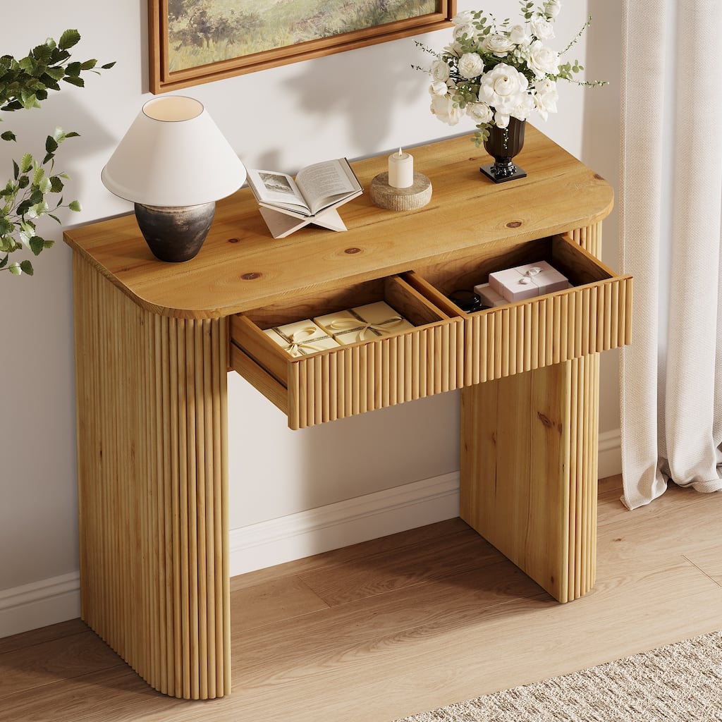 Solid Wood Console Table with 2 Drawers, 39-Inch Modern Fluted Entryway Table, Oak - 38.58" L x 15.75" W x 33.46" H