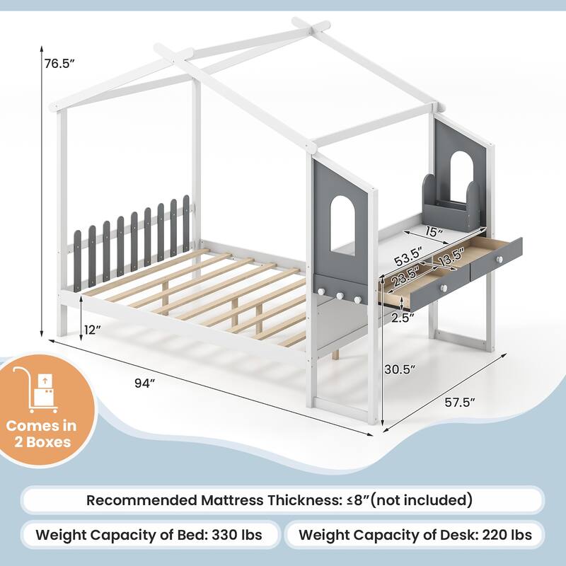 Gymax Full Size Kids House Bed w/ Study Desk & Removable Box Drawers